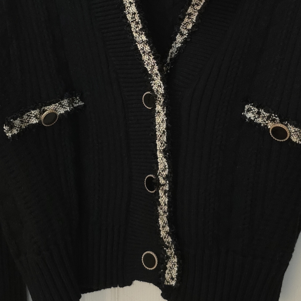 Cider Black Preppy Cable Knit Cardigan w/ Golden Trim & Buttons Size M - Picture 5 of 7